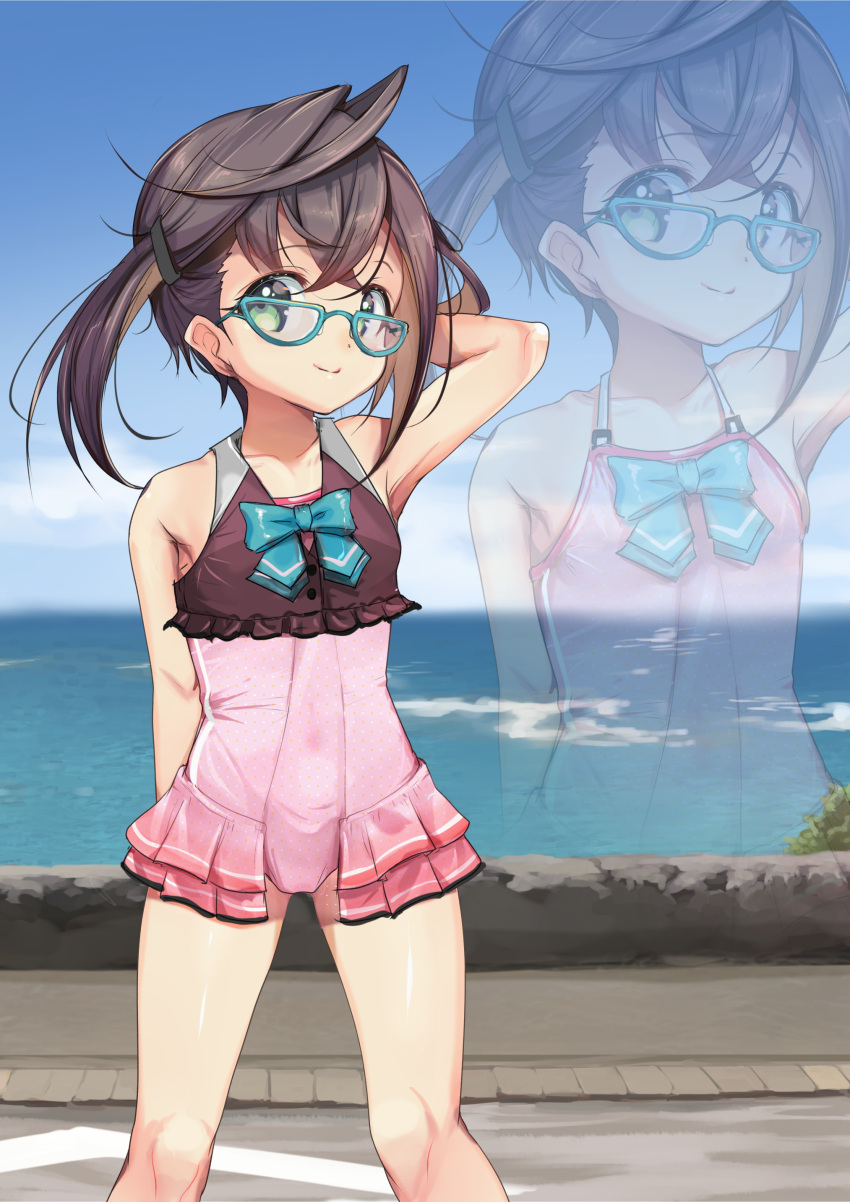 1girl absurdres adapted_costume aqua-framed_eyewear aqua_bow aqua_bowtie black_hair bow bowtie brown_shirt casual_one-piece_swimsuit crop_top feet_out_of_frame glasses green_eyes highres kantai_collection multicolored_hair okinami_(kancolle) okinami_kai_ni_(kancolle) one-piece_swimsuit pink_hair pink_one-piece_swimsuit shirt short_hair side_ponytail sleeveless sleeveless_shirt solo swimsuit swimsuit_skirt yashin_(yasinz) zoom_layer