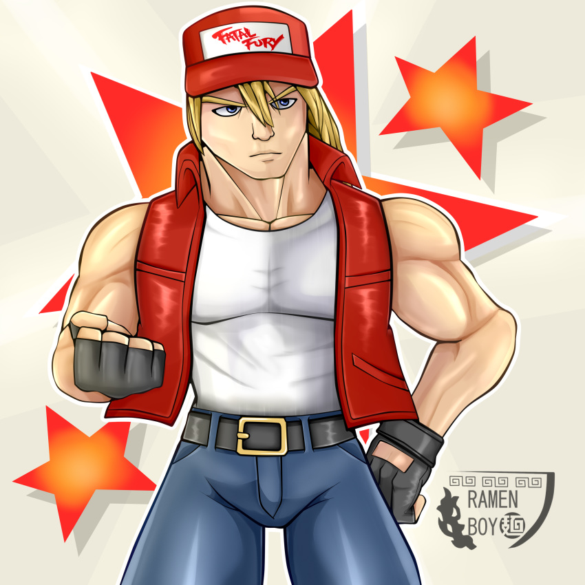 absurdres black_gloves blonde_hair blue_eyes denim fatal_fury gloves hat highres jeans long_hair muscular muscular_male neo_geo pants snk solo super_smash_bros. terry_bogard the_king_of_fighters vest
