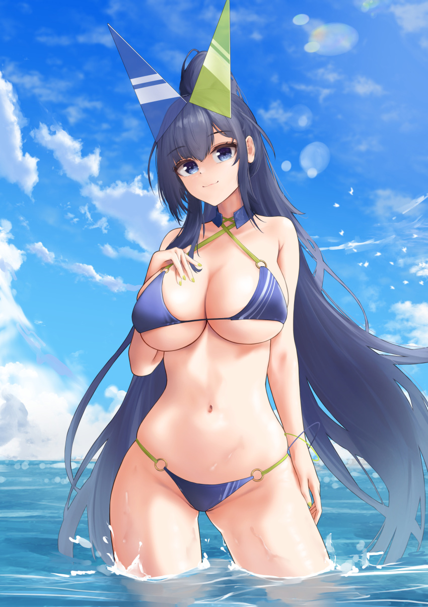 1girl azur_lane bikini blue_bikini blue_eyes blue_hair blue_sky breasts cleavage closed_mouth cloud criss-cross_halter green_nails halterneck hand_on_own_chest highres large_breasts long_hair looking_at_viewer navel new_jersey_(azur_lane) new_jersey_(midsummer_leisure)_(azur_lane) o-ring o-ring_bikini official_alternate_costume ponytail sky smile solo standing stomach swimsuit turboflower underboob very_long_hair water