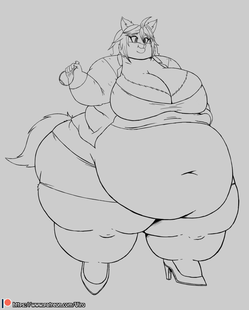 2020 absurd_res anthro big_breasts big_butt black_and_white bottomwear breasts butt cammie_(blahblah1209) canid canine clothing deep_navel female flask footwear hair hi_res high_heels huge_belly huge_breasts line_art mammal monochrome morbidly_obese morbidly_obese_anthro morbidly_obese_female navel obese obese_anthro obese_female overweight overweight_anthro overweight_female solo topwear viroveteruscy weight_gain