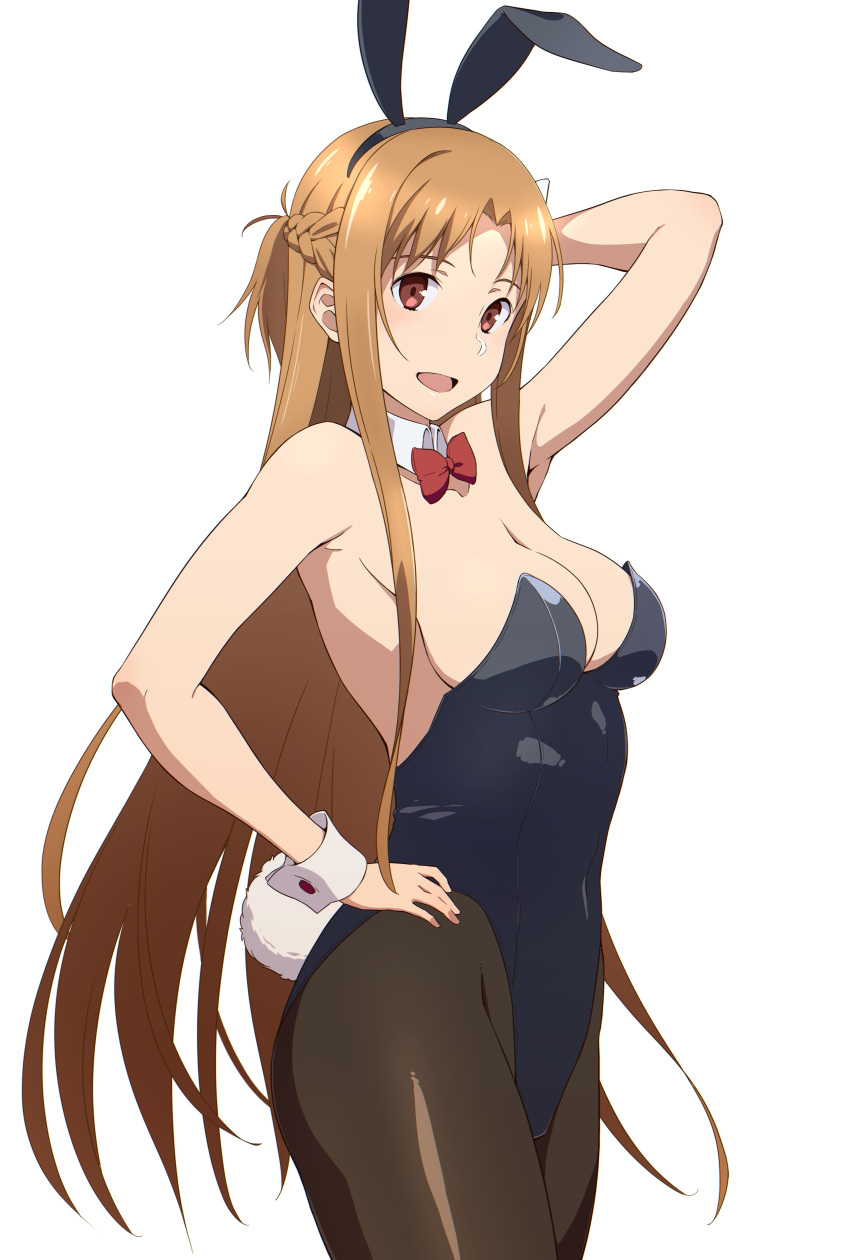 1girl :d absurdres alternate_costume animal_ears arm_up asuna_(sao) black_leotard black_pantyhose bow bowtie braid breasts brown_eyes brown_hair bunny_day cowboy_shot detached_collar fake_animal_ears fake_tail french_braid from_side hand_on_own_hip highleg highleg_leotard highres large_breasts leotard long_hair looking_at_viewer pantyhose playboy_bunny puge rabbit_ears rabbit_tail red_bow red_bowtie short_ponytail smile solo sword_art_online tail very_long_hair white_background white_wrist_cuffs