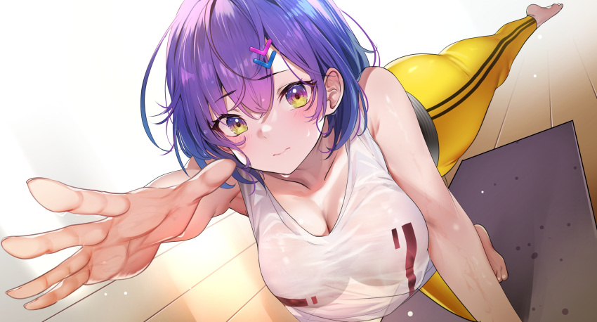 1girl absurdres bare_shoulders blush breasts cleavage collarbone exercise highres large_breasts looking_at_viewer original pants purple_hair shirt short_hair solo stretching teddy_(khanshin) white_shirt yellow_eyes yellow_pants yoga yoga_pants