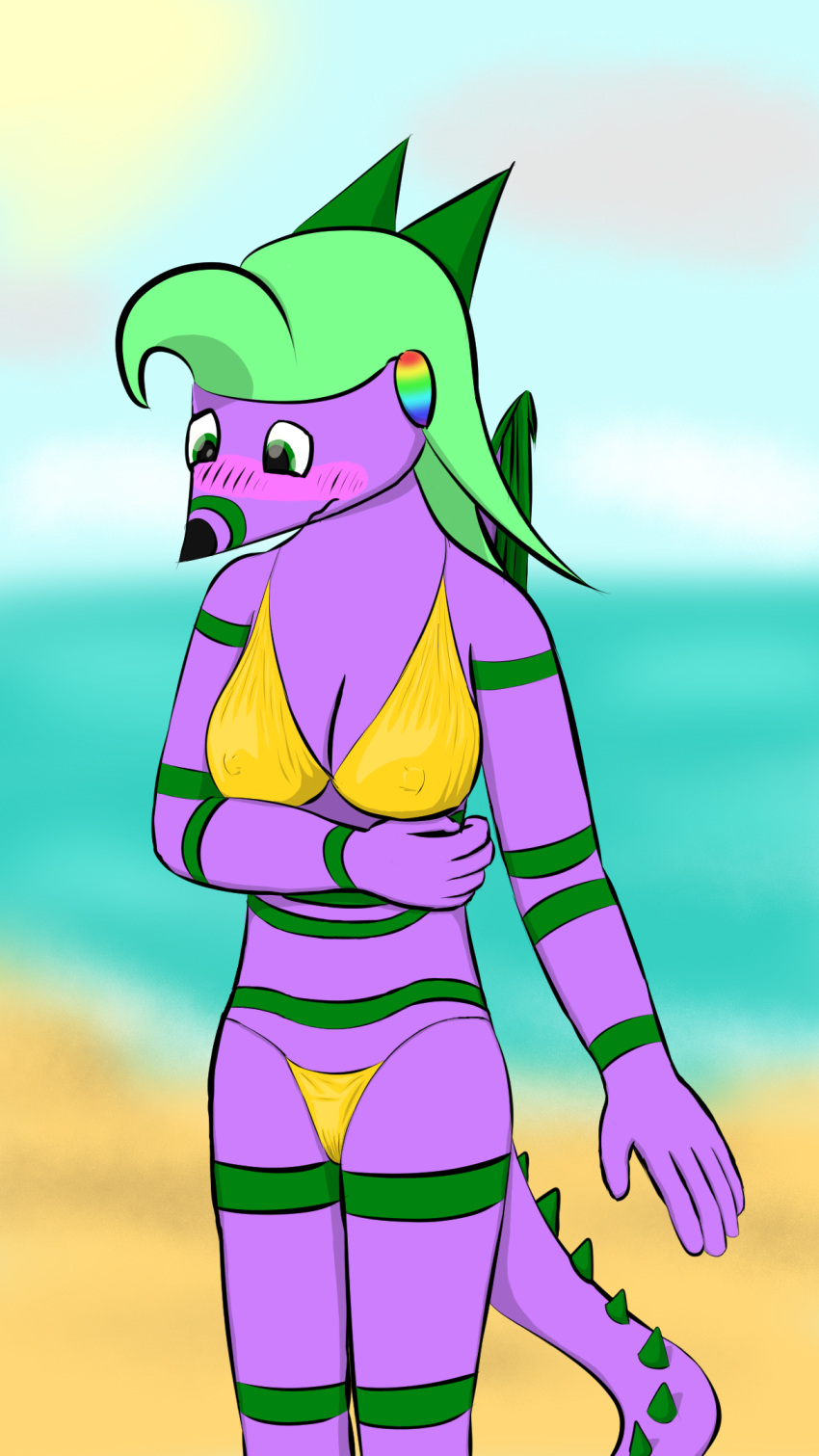 2023 accessory anthro beach bikini blurred_background blush blush_lines breasts clothing digital_drawing_(artwork) digital_media_(artwork) dragon embarrassed erect_nipples_under_clothes female green_eyes green_hair green_horn green_stripes hair hair_accessory hairclip hi_res horn lilla_oshisaure oshisaure purple_body purple_scales scales seaside solo spiked_tail spikes spikes_(anatomy) standing stripes sunny swimwear tail wings wings_folded yellow_clothing