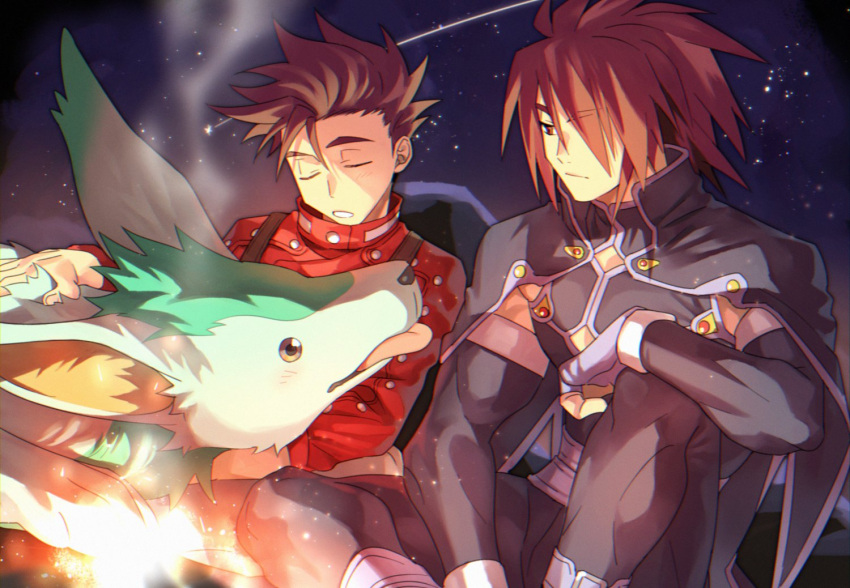 2boys animal arm_on_knee brown_eyes brown_hair campfire cape cleavage_cutout closed_eyes closed_mouth clothing_cutout detached_sleeves embers father_and_son fingerless_gloves gloves kratos_aurion large_ears lloyd_irving looking_at_animal male_focus multiple_boys night noishe on_ground parted_lips petting red_shirt sagami_jon shirt sitting sleeping sleeping_upright spoilers suspenders tales_of_(series) tales_of_symphonia tongue tongue_out