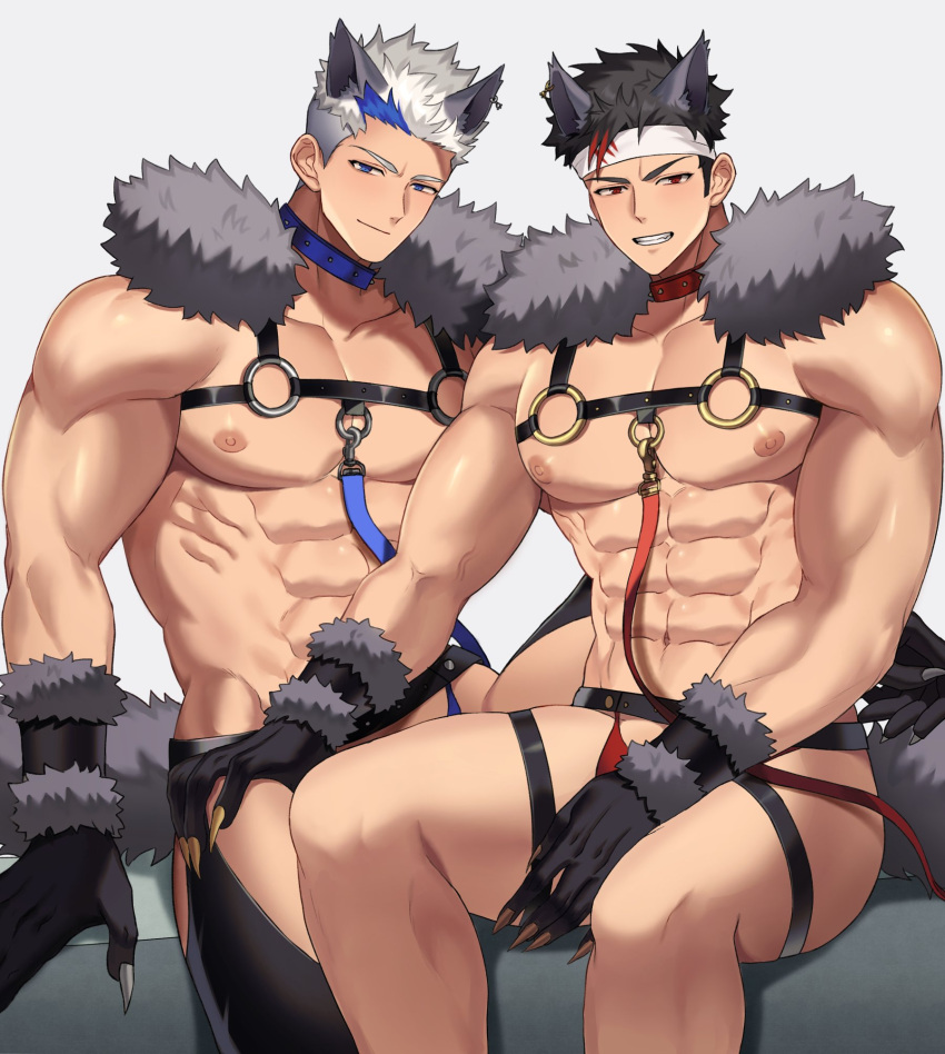 2boys abs animal_ears ass bara black_hair blue_hair chest_hair choker commission fur_trim grancy_(gyee) gyee highres jockstrap large_pectorals male_focus male_underwear multicolored_hair multiple_boys muscular muscular_male navel nipples pectorals red_hair red_male_underwear seum_(kao_husband) short_hair sitting smile sven_(gyee) tail teeth thick_thighs thighs two-tone_hair underwear white_hair wolf_boy wolf_ears wolf_paws wolf_tail