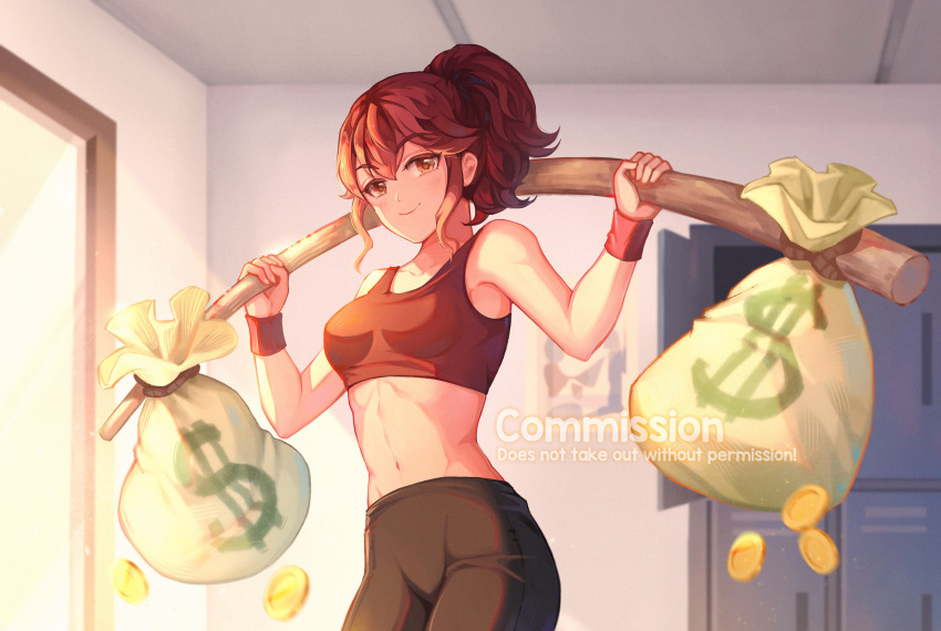 1girl absurdres anna_(fire_emblem) cainlawiet coin commission dumbbell exercise fire_emblem gold_coin highres locker locker_room looking_at_viewer money_bag pants ponytail red_hair red_tank_top short_hair smile tank_top weightlifting yoga_pants