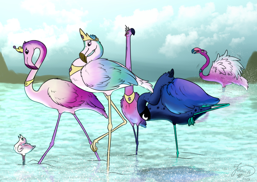 absurd_res alternate_species avian bird cloud crown flamingo flurry_heart_(mlp) friendship_is_magic group hasbro headgear hi_res jewelry julunis14 long_legs mlp_g5 my_little_pony necklace opaline_(mlp) outside princess_cadance_(mlp) princess_celestia_(mlp) princess_luna_(mlp) tiara twilight_sparkle_(mlp) water