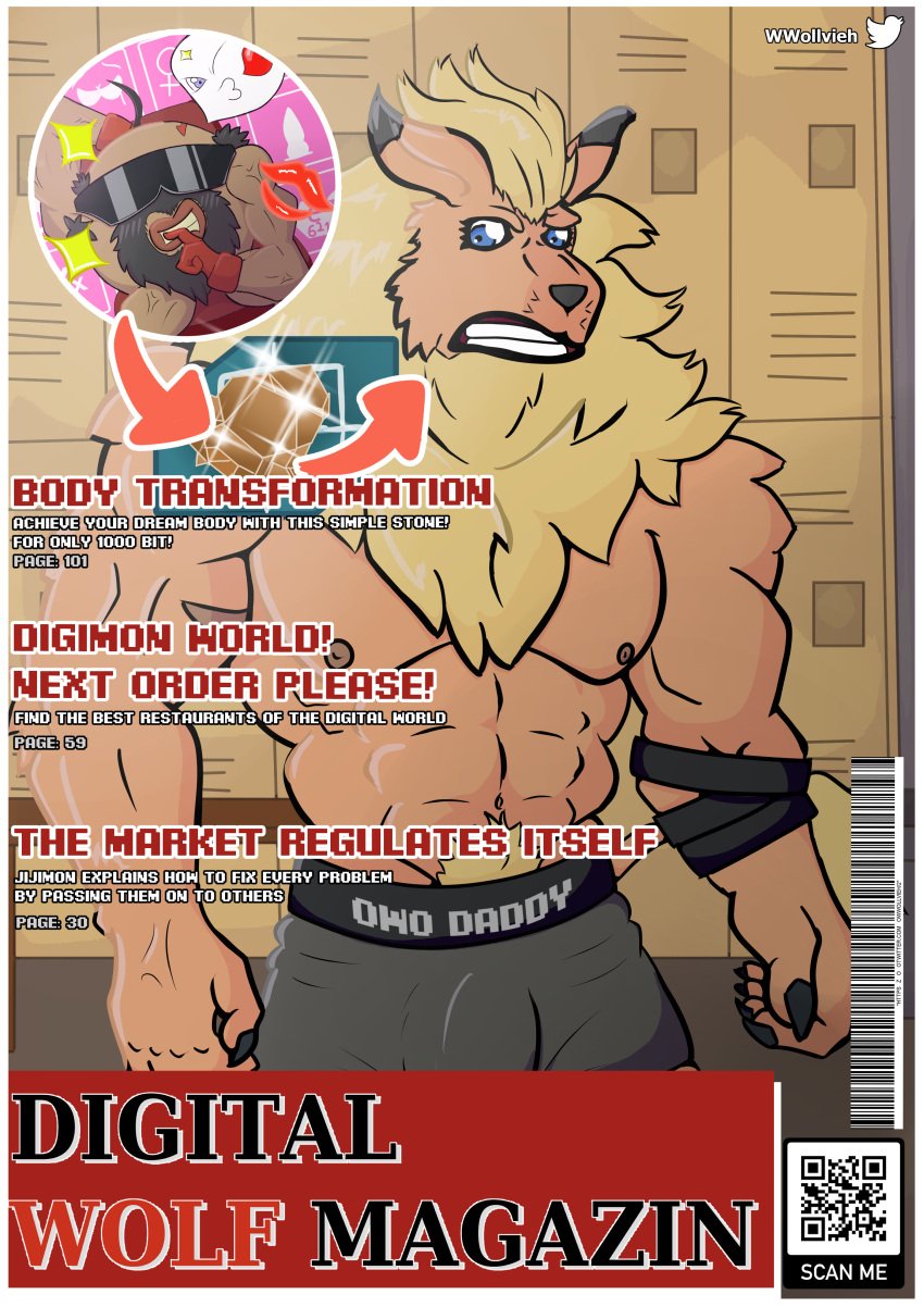 absurd_res anthro bandai_namco barcode blue_eyes bluewollvieh body_hair bulge clothed clothing cover digimon digimon_(species) embarrassed embarrassed_nude_anthro embarrassed_nude_male felid hair happy_trail hi_res leomon lion magazine magazine_cover male mammal mane mane_hair muscular muscular_anthro muscular_male nanimon nipples one_eye_closed pantherine qr-code scar solo underwear wink