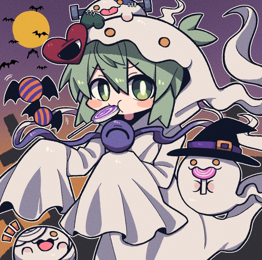 1girl alternate_costume animal bandages bat_(animal) bat_wings black_eyes blush bright_pupils candy coat cross eating food full_moon ghost ghost_costume ghost_tail grave graveyard green_eyes green_hair hair_between_eyes halloween halloween_costume hat heart holding holding_candy holding_food holding_lollipop hood hooded_coat komeiji_koishi lollipop long_sleeves medium_hair moon night night_sky object_through_head on_head one_eye_covered screw screw_in_head silhouette sky sleeves_past_fingers sleeves_past_wrists stitches sweets third_eye tombstone tongue tongue_out touhou white_coat white_pupils wings witch witch_hat yellow_eyes zunusama