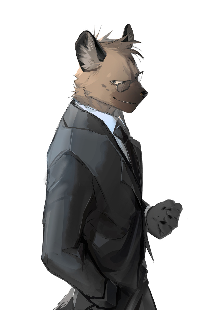 2023 absurd_res aggressive_retsuko anthro black_clothing brown_body brown_fur clothing costume eyewear fur glasses hi_res hyena jiro_haida_(aggretsuko) looking_at_viewer male mammal necktie sanrio shabi96522 shirt simple_background solo spotted_hyena suit topwear