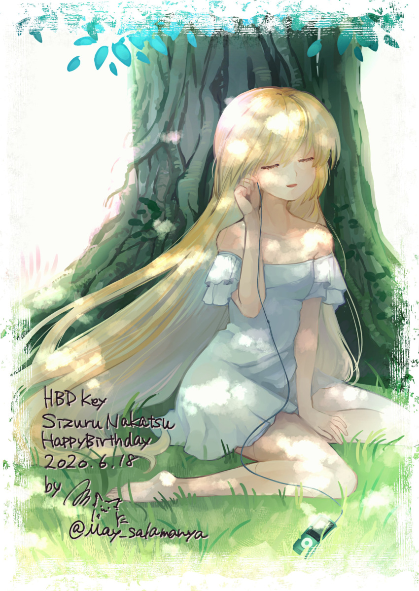 1girl 2020 ^_^ absurdres bare_shoulders barefoot between_legs blonde_hair border breasts character_name closed_eyes commentary_request dappled_sunlight dated day digital_media_player dress earphones eyelashes full_body grass hair_between_eyes hair_down hand_between_legs hand_up happy_birthday highres holding holding_earphones ipod long_hair may_salamanya nakatsu_shizuru nose official_alternate_costume official_alternate_hairstyle on_grass open_mouth outdoors rewrite shirt short_dress signature simple_background sitting small_breasts smile solo spoilers straight_hair strapless strapless_dress sundress sunlight tree twitter_username under_tree very_long_hair wariza white_background white_border white_shirt