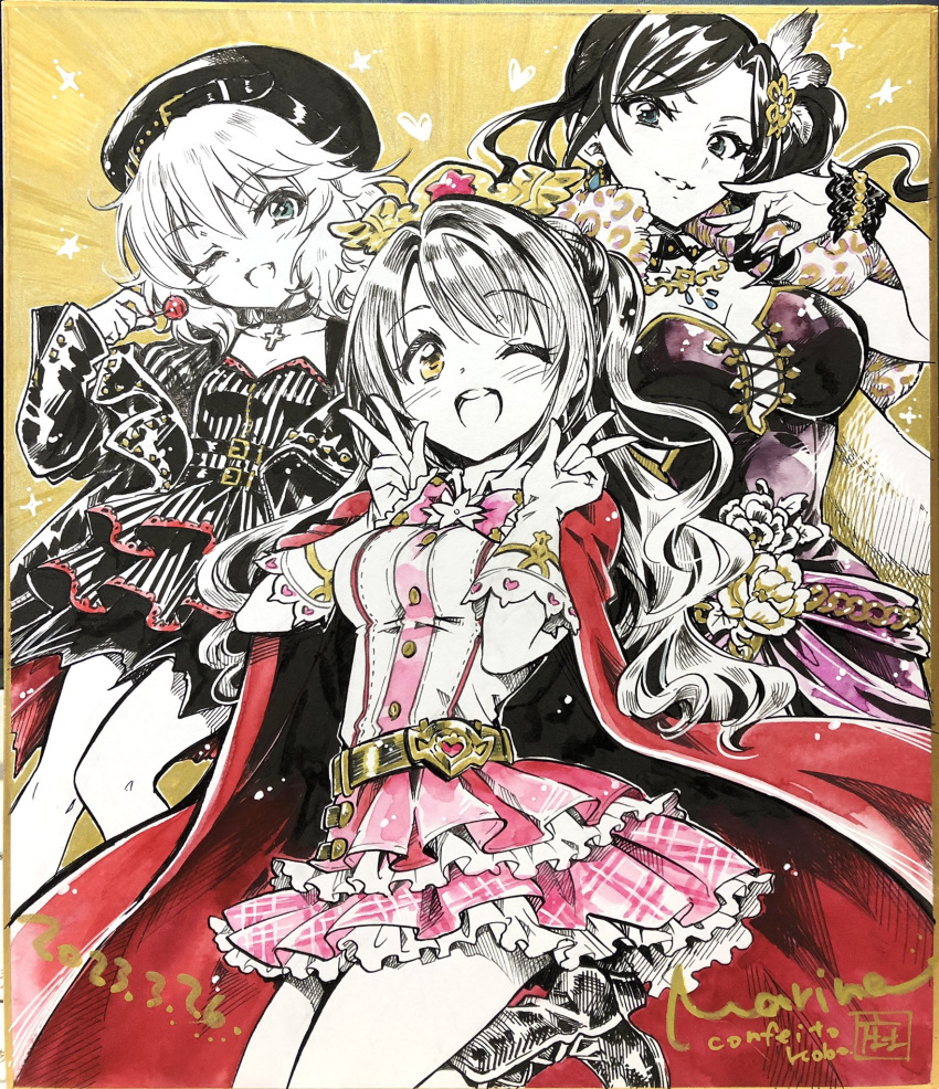 3girls belt beret blush breasts candy cape choker cleavage commentary_request cross cross_choker crown double_v dress earrings food frilled_skirt frills gloves granblue_fantasy hair_ornament hat heart highres holding holding_candy holding_food holding_lollipop idolmaster idolmaster_cinderella_girls jacket jewelry large_breasts lollipop long_hair looking_at_viewer marine_(confeitokobo) medium_breasts mukai_takumi multiple_girls one_eye_closed open_clothes open_jacket open_mouth photo_(medium) pink_skirt red_cape sakurai_momoka shimamura_uzuki short_dress short_hair side_ponytail skirt small_breasts smile traditional_media v wavy_hair wrist_cuffs