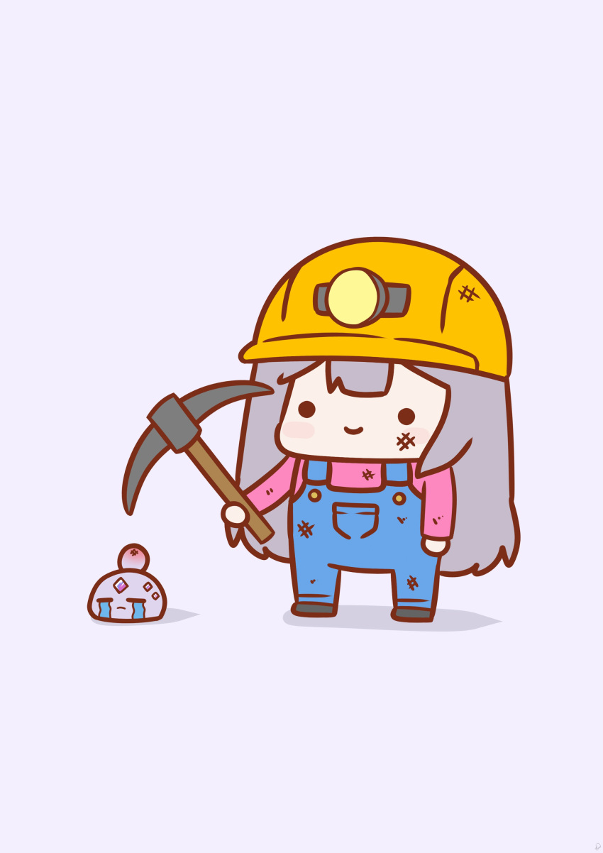 1girl absurdres alternate_costume black_footwear blue_overalls blush_stickers chibi closed_eyes closed_mouth crying dirty dirty_clothes dirty_face full_body grey_hair hard_hat head_bump headlamp helmet highres holding holding_pickaxe hololive hololive_english koseki_bijou lavender_background long_sleeves overalls pebble_(koseki_bijou) phdpigeon pickaxe pink_shirt pocket shadow shirt simple_background smile solid_circle_eyes solo standing streaming_tears tears yellow_headwear