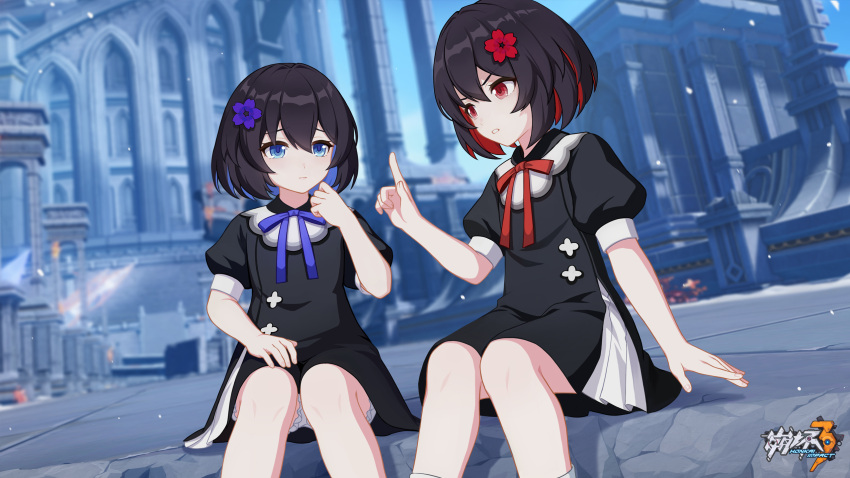 2girls aged_down arm_support bare_legs black_dress black_hair blue_eyes blue_flower blue_hair blue_ribbon breasts chinese_commentary closed_mouth colored_inner_hair dress feet_out_of_frame female_child flower hair_between_eyes hair_flower hair_ornament highres honkai_(series) honkai_impact_3rd looking_at_another multicolored_hair multiple_girls official_art official_wallpaper outdoors red_eyes red_flower red_hair red_ribbon ribbon seele_(alter_ego) seele_vollerei short_hair sitting small_breasts v-shaped_eyebrows