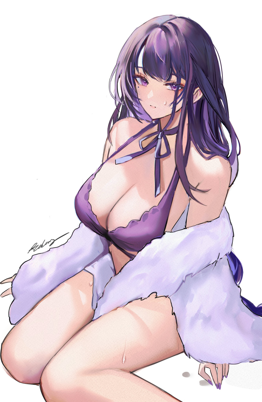 1girl absurdres alternate_costume braid braided_ponytail breasts genshin_impact halterneck highres large_breasts long_hair looking_at_viewer mole mole_under_eye purple_eyes purple_hair raiden_shogun rudang sitting sweat sweatdrop thighs very_long_hair wariza white_background