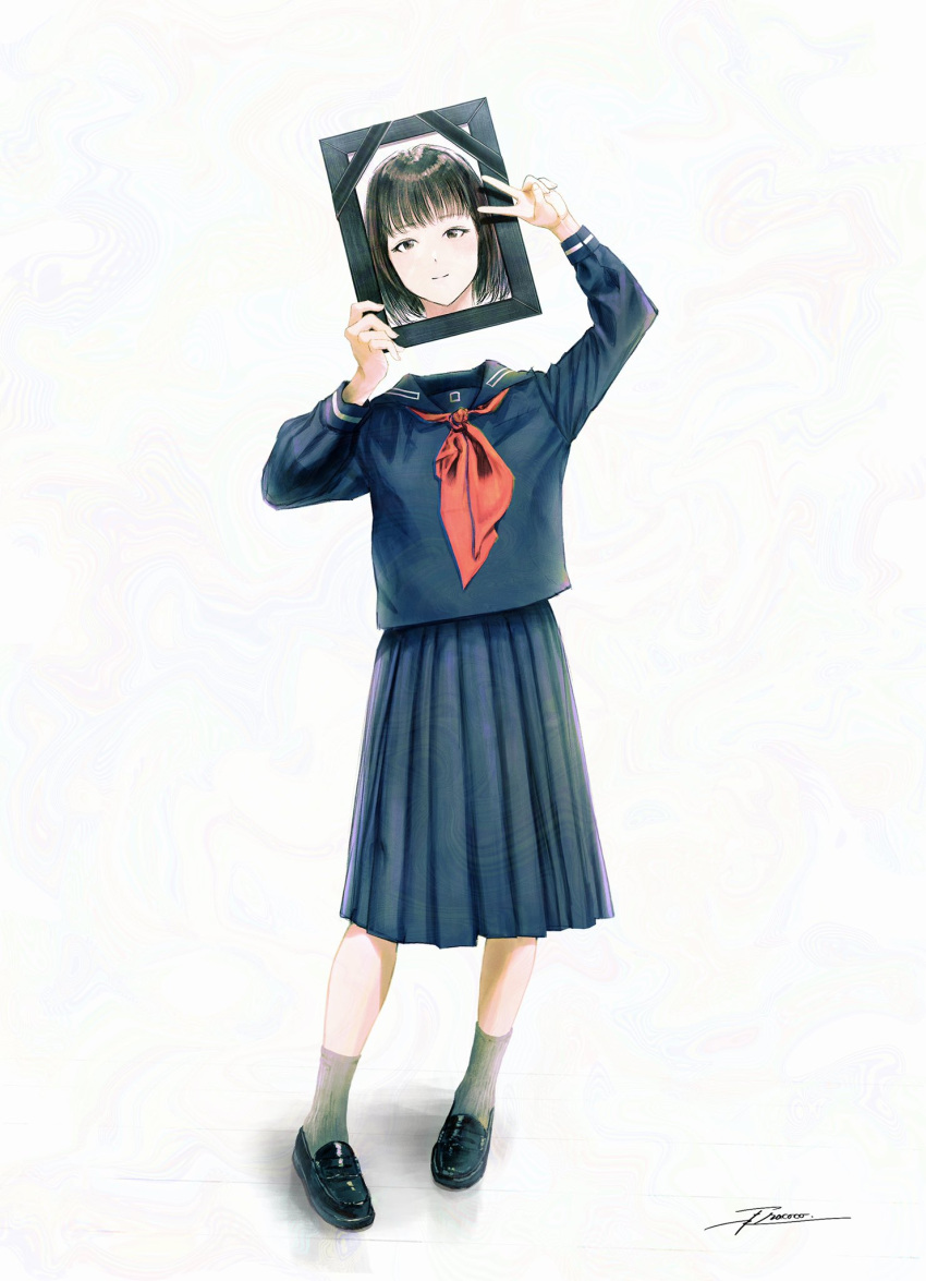 1girl black_footwear black_hair blue_sailor_collar blue_serafuku blue_shirt blue_skirt brown_eyes closed_mouth commentary fracoco full_body grey_socks headless highres holding holding_photo horror_(theme) iei loafers long_sleeves looking_at_viewer neckerchief original photo_(object) pleated_skirt portrait_(object) puffy_sleeves red_neckerchief sailor_collar school_uniform serafuku shirt shoes signature simple_background skirt socks solo standing v white_background