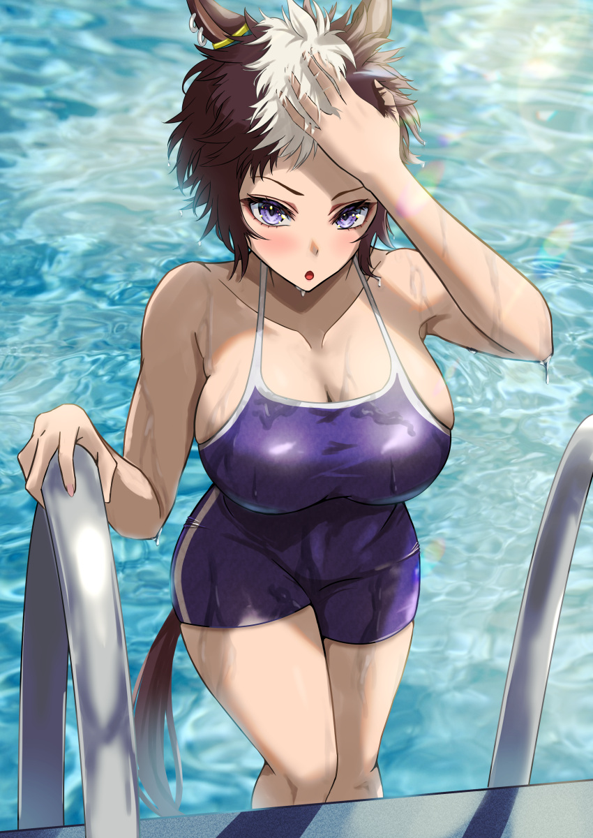 1girl :o absurdres animal_ears arm_up azuki_(azuki_azukki) bare_shoulders blue_eyes blue_one-piece_swimsuit blush breasts brown_hair cleavage collarbone commentary_request competition_school_swimsuit cowboy_shot ear_ornament ear_piercing earrings feet_out_of_frame halterneck hand_on_own_head highres horse_ears horse_girl horse_tail jewelry large_breasts lens_flare looking_at_viewer mejiro_ryan_(umamusume) messy_hair multicolored_hair multiple_earrings official_alternate_costume one-piece_swimsuit parted_lips partial_commentary piercing pool pool_ladder school_swimsuit sideboob single_vertical_stripe solo standing straight-on streaked_hair swimsuit tail tail_through_clothes thighs tomboy tracen_swimsuit two-tone_hair umamusume v-shaped_eyebrows wading water wet wet_clothes wet_hair wet_swimsuit white_hair