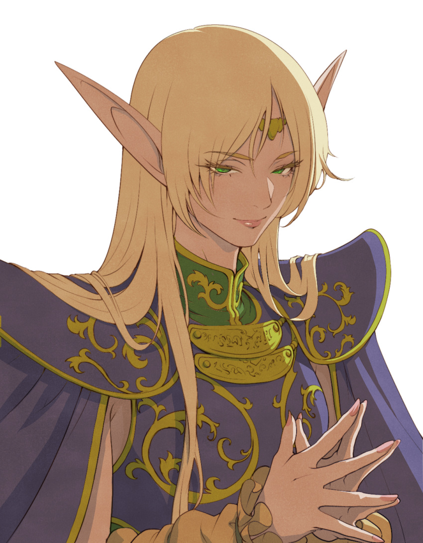 1girl armor blonde_hair blue_cape breastplate cape deedlit elf fujii_eishun green_eyes highres long_hair long_pointy_ears looking_at_viewer pointy_ears record_of_lodoss_war shoulder_armor smile very_long_hair