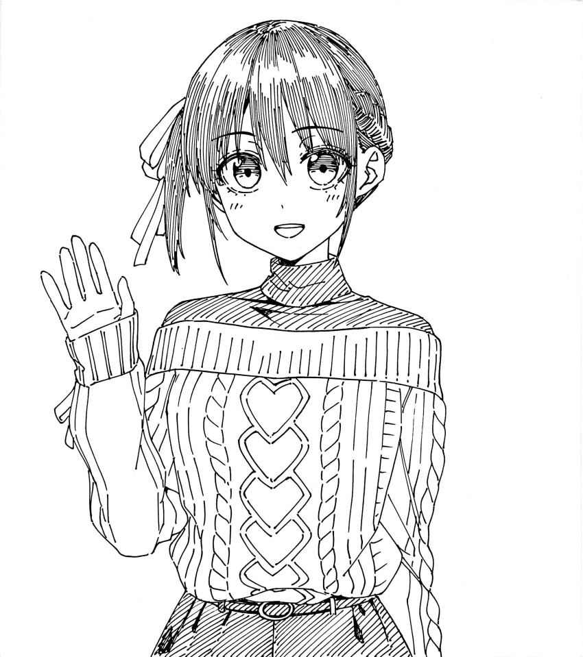 1girl absurdres belt casual greyscale hair_ribbon highres hiroyuki kanojo_mo_kanojo looking_at_viewer minase_nagisa monochrome official_art open_mouth ribbon short_hair side_ponytail sleeves_past_wrists smile solo sweater upper_body waving white_background