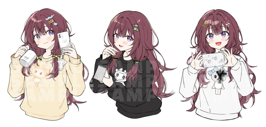 1girl black_bow black_sweater blush bow cellphone closed_mouth cup hair_bow hair_ornament hairclip holding holding_cup holding_notepad holding_phone lee_roha long_hair looking_at_viewer low_tied_sidelocks mug multiple_views nijisanji nijisanji_kr notepad open_mouth phone pink_hair pjmiyo purple_eyes simple_background smartphone smile sweater upper_body very_long_hair virtual_youtuber white_background white_sweater yellow_sweater