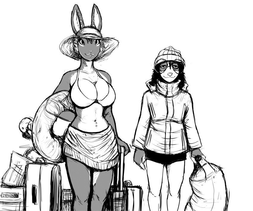 2023 anthro beanie bikini bikini_top breasts cleavage clothed clothing coat didelphid duo ear_piercing eyewear facial_piercing female glasses hat headgear headwear hi_res hladilnik lagomorph leporid lip_piercing luggage mammal marsupial marylin_(hladilnik) midriff monochrome multiple_piercings navel navel_piercing piercing pro_bun_(hladilnik) rabbit sarong sun_hat swimwear topwear