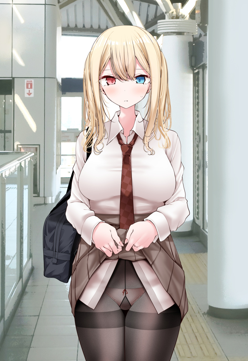 bag black_pantyhose blonde_hair blue_eyes blush breasts clothes_lift heterochromia highres lifted_by_self looking_at_viewer necktie oouso original panties panties_under_pantyhose pantyhose pink_pantyhose pleated_skirt red_eyes school_bag school_uniform skirt skirt_lift twintails underwear