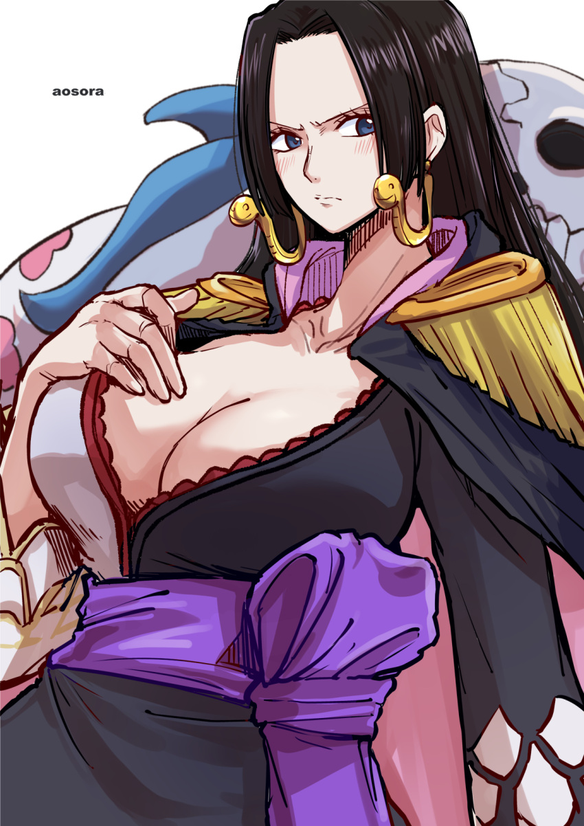1girl aosora2823 artist_name black_dress black_hair blue_eyes boa_hancock breasts cleavage dress earrings highres jewelry large_breasts light_blush long_hair one_piece salome_(one_piece) skull snake snake_earrings two-tone_dress white_dress