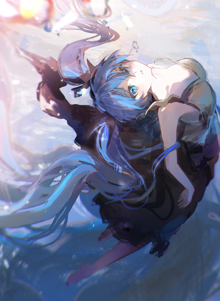 1girl absurdres bare_arms bare_shoulders barefoot blue_eyes blue_hair breasts camisole hatsune_miku highres kikinoki long_hair long_skirt parted_lips shinkai_shoujo_(vocaloid) skirt sleeveless solo twintails underwater vocaloid water
