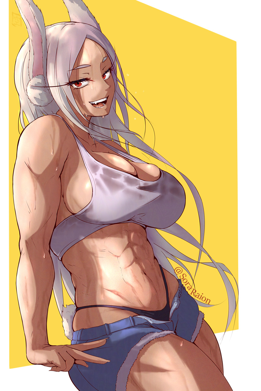 1girl abs absurdres animal_ears bare_shoulders black_panties boku_no_hero_academia breasts cleavage commission dark-skinned_female dark_skin denim denim_shorts english_commentary highleg highleg_panties highres large_breasts long_eyelashes long_hair looking_at_viewer mirko mixed-language_commentary muscular muscular_female navel open_fly open_mouth panties parted_bangs pixiv_commission rabbit_ears rabbit_girl rabbit_tail red_eyes shirt short_shorts shorts skindentation smile solo sora_raion spanish_commentary sports_bra stomach sweat sweaty_clothes tail teeth thighs twitter_username underwear v very_long_hair wet wet_clothes wet_shirt white_hair white_sports_bra