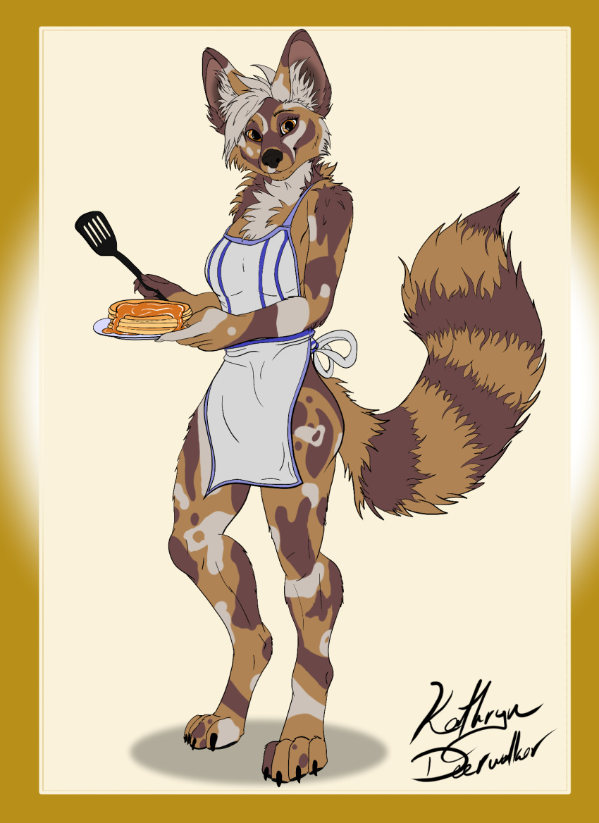 african_wild_dog anthro apron apron_only canid canine clothing colored deerwalker female flat_colors food green_eyes hi_res kittensnark mammal markings mostly_nude mottled neck_tuft no_shading pancake simple_background solo striped_markings striped_tail stripes tail tail_markings tuft