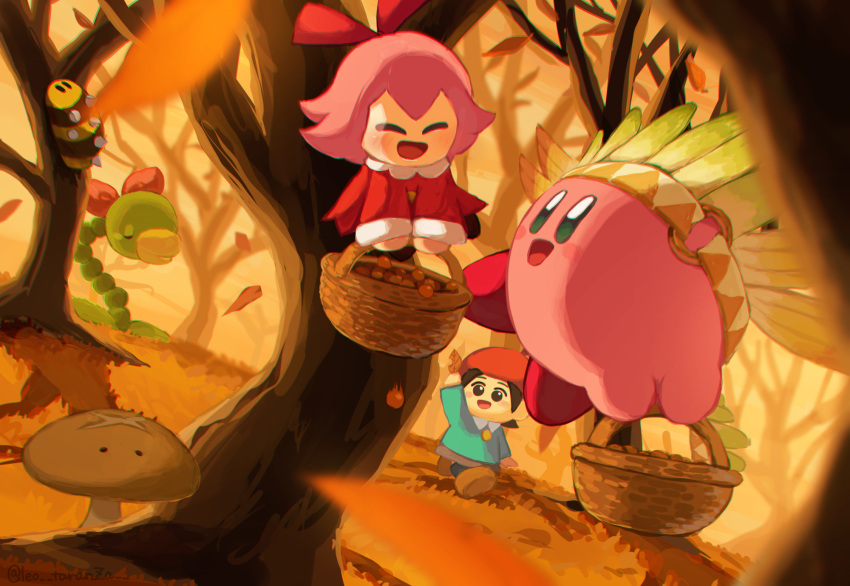 2girls adeleine autumn autumn_leaves basket black_hair colored_skin copy_ability falling_leaves geromazudake highres holding holding_basket kirby kirby_(series) leaf leo_taranza looking_at_another multiple_girls mushroom needlous open_mouth pink_hair pink_skin red_headwear red_ribbon ribbon ribbon_(kirby) smile snoozroot solid_oval_eyes wing_kirby