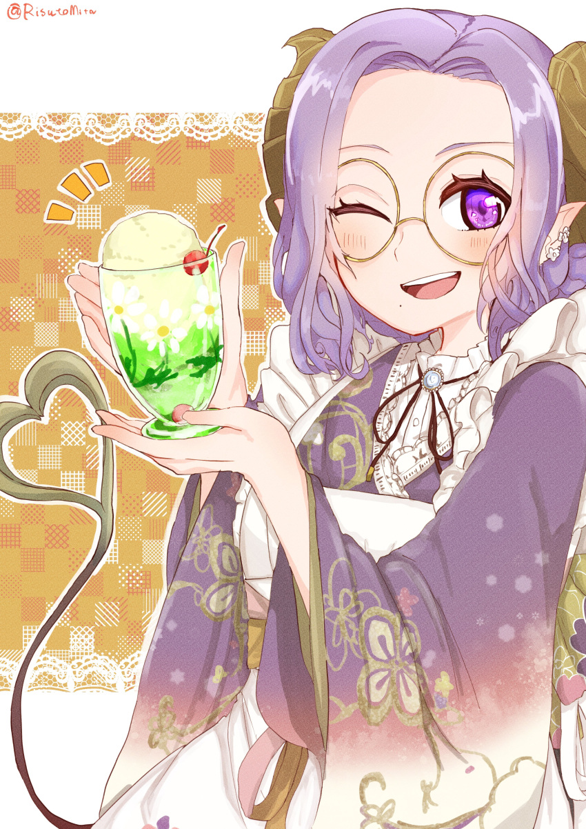 1girl absurdres apron black_ribbon blue_brooch blush brown_horns cherry cocktail commentary_request cup demon_girl demon_horns demon_tail ear_flower food frilled_apron frills fruit glasses highres holding holding_cup horns ice_cream japanese_clothes kimono long_hair long_sleeves looking_at_viewer melon_soda mita_risuto mole mole_under_mouth nanashi_inc. neck_ribbon notice_lines one_eye_closed open_mouth outline purple_eyes purple_hair purple_kimono ribbon round_eyewear saionji_mary smile solo tail teeth upper_body upper_teeth_only virtual_youtuber white_apron white_outline wide_sleeves yellow-framed_eyewear