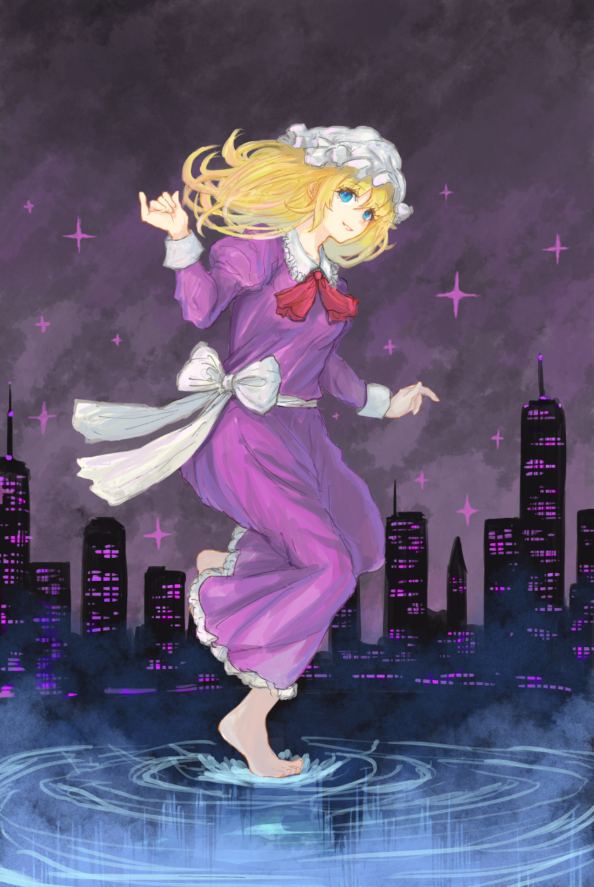 1girl absurdres ascot barefoot blonde_hair blue_eyes bow building city collared_dress dress fog frilled_dress frilled_shirt_collar frills full_body grey_sky hand_up hat highres juliet_sleeves kashiwada_kiiho long_hair long_sleeves looking_at_viewer maribel_hearn mob_cap overcast puffy_sleeves purple_dress red_ascot ripples sky skyline skyscraper sleeve_cuffs smile solo splashing star_(sky) touhou waist_bow walking walking_on_liquid water white_bow white_headwear