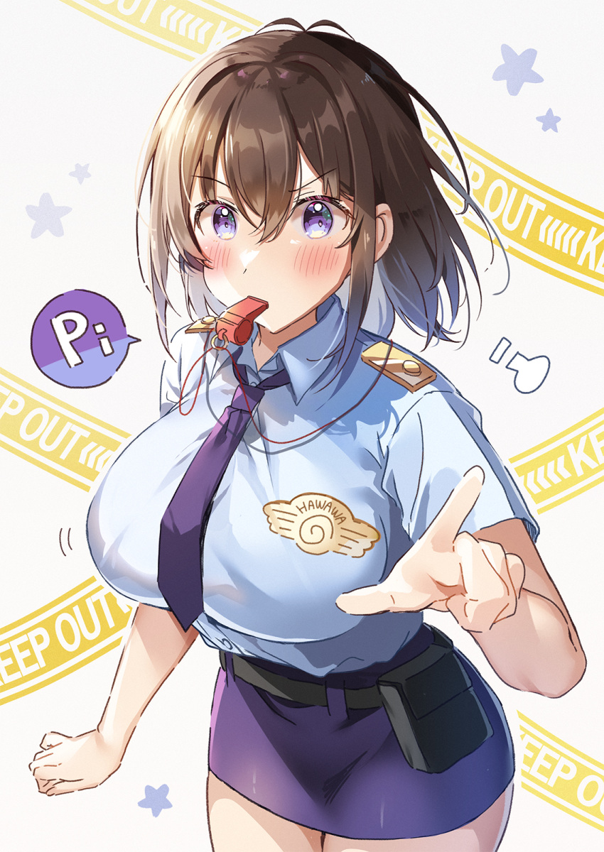 1girl belt black_belt blowing_whistle blue_shirt blue_skirt blush breasts brown_hair collared_shirt commentary_request hair_between_eyes hawawa-chan_(shiro_kuma_shake) highres index_finger_raised large_breasts looking_at_viewer medium_hair miniskirt necktie original police police_uniform policewoman purple_eyes shiro_kuma_shake shirt skirt solo standing uniform v-shaped_eyebrows