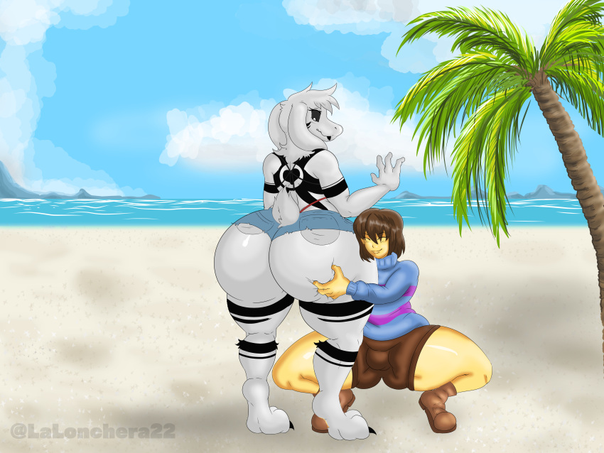 absurd_res anthro asriel_dreemurr asriel_dreemurr_(god_form) beach big_butt bottomwear bovid butt butt_grab caprine clothed clothing detailed_background duo frisk_(undertale) goat hand_on_butt hi_res hotpants huge_butt human lalonchera22 looking_back male male/male mammal minishorts seaside shorts skimpy thick_thighs undertale undertale_(series) wide_hips