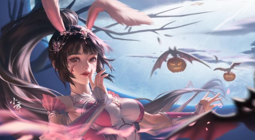 1girl absurdres animal_ears artist_request bare_tree breasts brown_eyes brown_hair cloud douluo_dalu facial_tattoo halloween highres jack-o'-lantern long_hair medium_breasts moon parted_lips ponytail rabbit_ears second-party_source solo tattoo tree upper_body xiao_wu_(douluo_dalu)