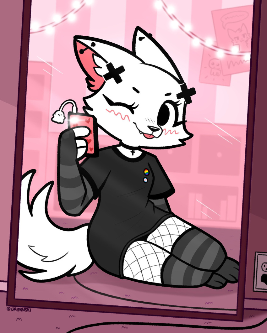 2023 anthro arctic_fox arm_warmers armwear blep blush bottomwear canid canine cellphone cheek_tuft choker clothed clothing cute_fangs detailed_background ear_piercing eyelashes facial_tuft female fishnet fishnet_legwear fox fur goth hi_res holding_cellphone holding_object holding_phone inner_ear_fluff inside jayrnski jewelry legwear lgbt_pride looking_at_viewer mammal mirror mirror_selfie necklace one_eye_closed phone piercing pride_color_accessory pride_colors rainbow_pride_colors reflection selfie shorts signature sitting skye_(jayrnski) smile solo string_lights tail thigh_highs tongue tongue_out trans_(lore) trans_woman_(lore) transgender_pride_colors tuft white_body white_fur