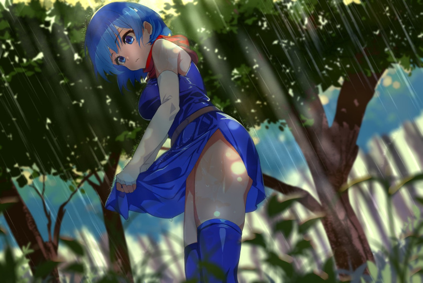 1girl ahonoko bare_shoulders blue_dress blue_eyes blue_hair breasts catria_(fire_emblem) dappled_sunlight dress elbow_gloves expressionless fingerless_gloves fire_emblem fire_emblem:_mystery_of_the_emblem forest gloves headband highres light_rays nature outdoors pegasus_knight_uniform_(fire_emblem) short_dress short_hair side_slit solo sunlight thick_thighs thighhighs thighs tree tree_shade white_gloves white_headband zettai_ryouiki