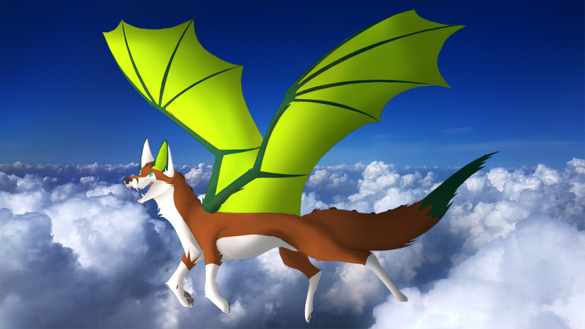 4_toes absurd_res big_ears blue_eyes canid canine cloud dabdragun dorsal_ridge dragon dragon_wings feet feral flying fox gradient_eyes green_eyes green_facial_markings green_inner_ear green_tail_tip green_wings grey_nose grey_pawpads happy hi_res hybrid invalid_tag male mammal orange_body pawpads pupils shaded slit_pupils smile solo tail tail_ridge techno_blueberry teeth toes white_body white_ears white_legs white_paws wings