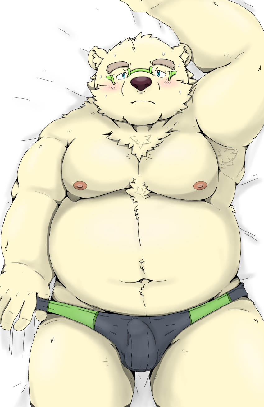 2023 absurd_res anthro armpit_hair bear bed belly big_belly blush body_hair bulge clothing cocochu_samo eyewear furniture genital_outline glasses hi_res kemono leib_(tas) lifewonders lying male mammal moobs nipples overweight overweight_male penis_outline polar_bear solo tokyo_afterschool_summoners underwear ursine