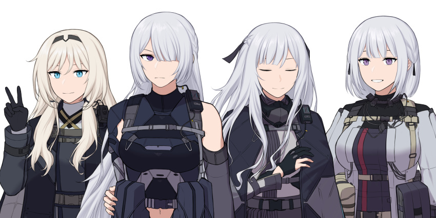4girls absurdres ak-12_(girls'_frontline) ak-15_(girls'_frontline) ammunition_pouch an-94_(girls'_frontline) blonde_hair blue_eyes breasts closed_eyes closed_mouth clothing_cutout defy_(girls'_frontline) girls'_frontline grey_hair highres midriff multiple_girls navel_cutout one_eye_covered open_mouth pouch purple_eyes rpk-16_(girls'_frontline) short_hair simobulanka smile tactical_clothes upper_body v
