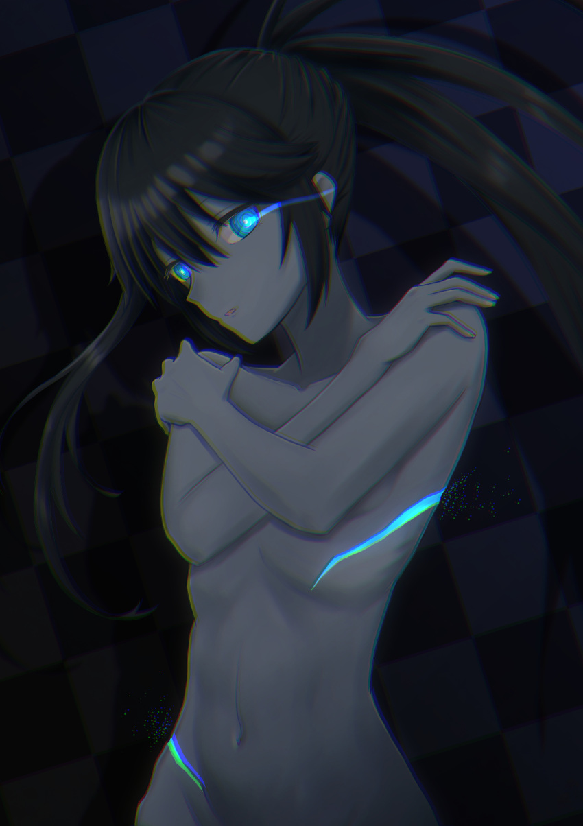 1girl black_hair black_rock_shooter black_rock_shooter:_dawn_fall black_rock_shooter_(character) blue_eyes breasts checkered_background collarbone covering covering_breasts floating_hair glowing glowing_eye hair_between_eyes highres kuthird346 long_hair navel nude open_mouth sideboob small_breasts solo upper_body