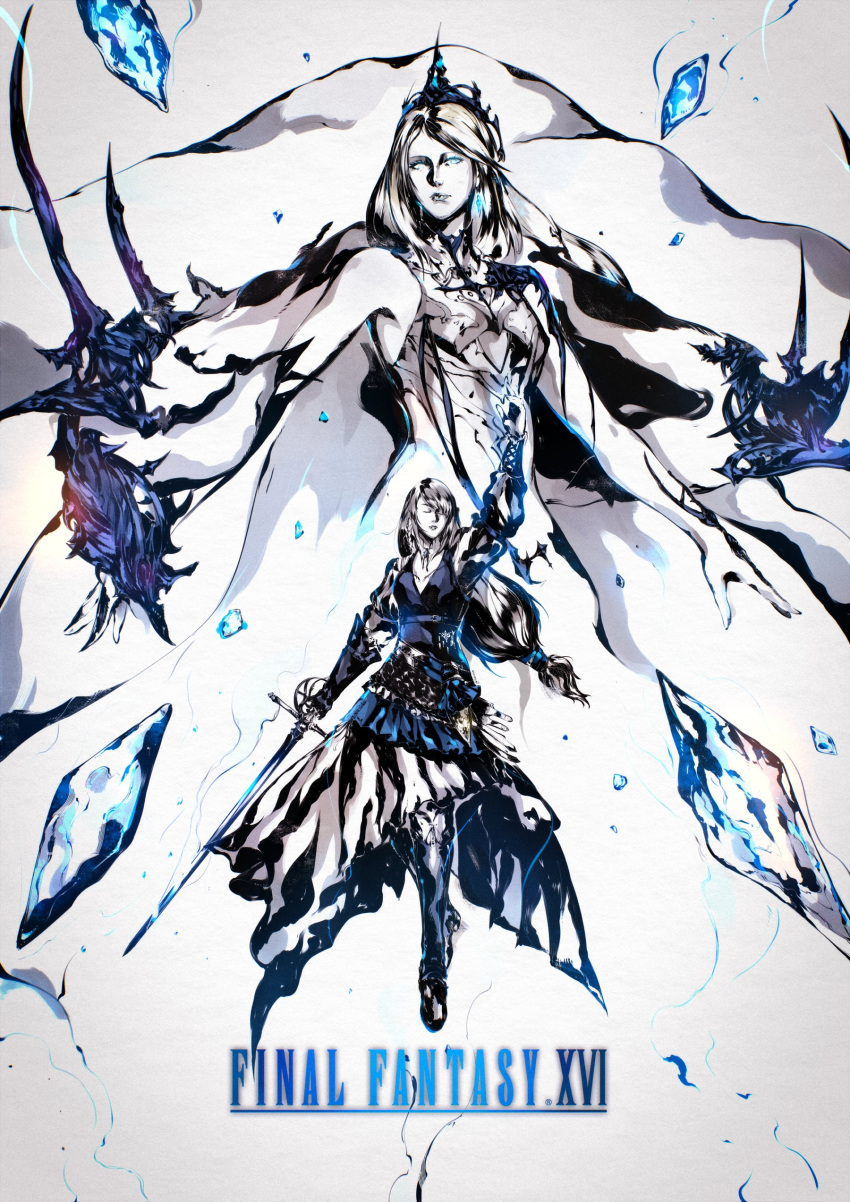 absurdres arm_up crown crystal final_fantasy final_fantasy_xvi full_body highres holding holding_sword holding_weapon ice ice_crystal jill_warrick kubaushi long_hair long_skirt rapier shiva_(final_fantasy) simple_background skirt swept_bangs sword weapon white_background