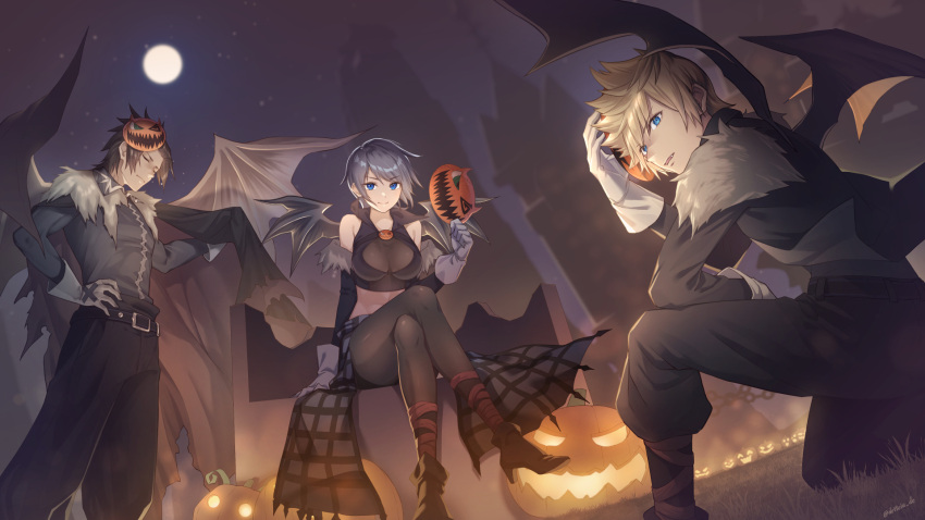 1girl 2boys alternate_costume aqua_(kingdom_hearts) blonde_hair blue_hair breasts brown_hair cape cleavage crop_top gloves gogo_(detteiu_de) halloween highres jack-o'-lantern kingdom_hearts kingdom_hearts_birth_by_sleep multiple_boys pantyhose sitting smile spiked_hair terra_(kingdom_hearts) ventus_(kingdom_hearts) white_gloves wings