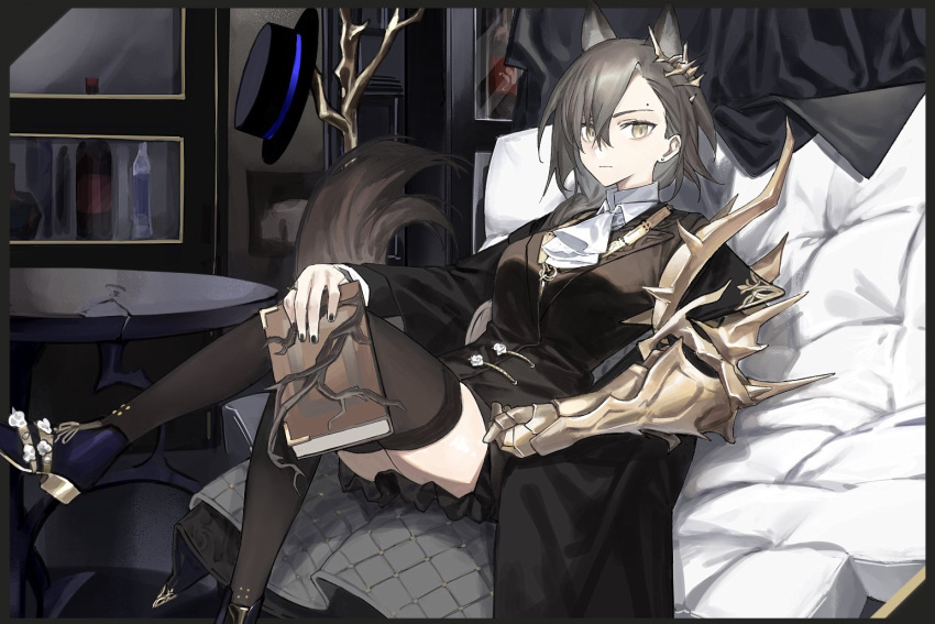 1girl animal_ears arknights ascot black_headwear black_nails black_suit black_thighhighs book breasts brown_eyes commentary couch crack crossed_legs ear_ornament earrings foot_out_of_frame formal frown gauntlets gold_trim hair_over_one_eye hat hat_rack holding holding_book indoors jewelry knees_up looking_at_viewer medium_breasts mole_above_eye nail_polish penance_(arknights) photo_(object) single_earring single_gauntlet solo suit table thighhighs white_ascot window wolf_ears wolf_girl xxxsoiu1