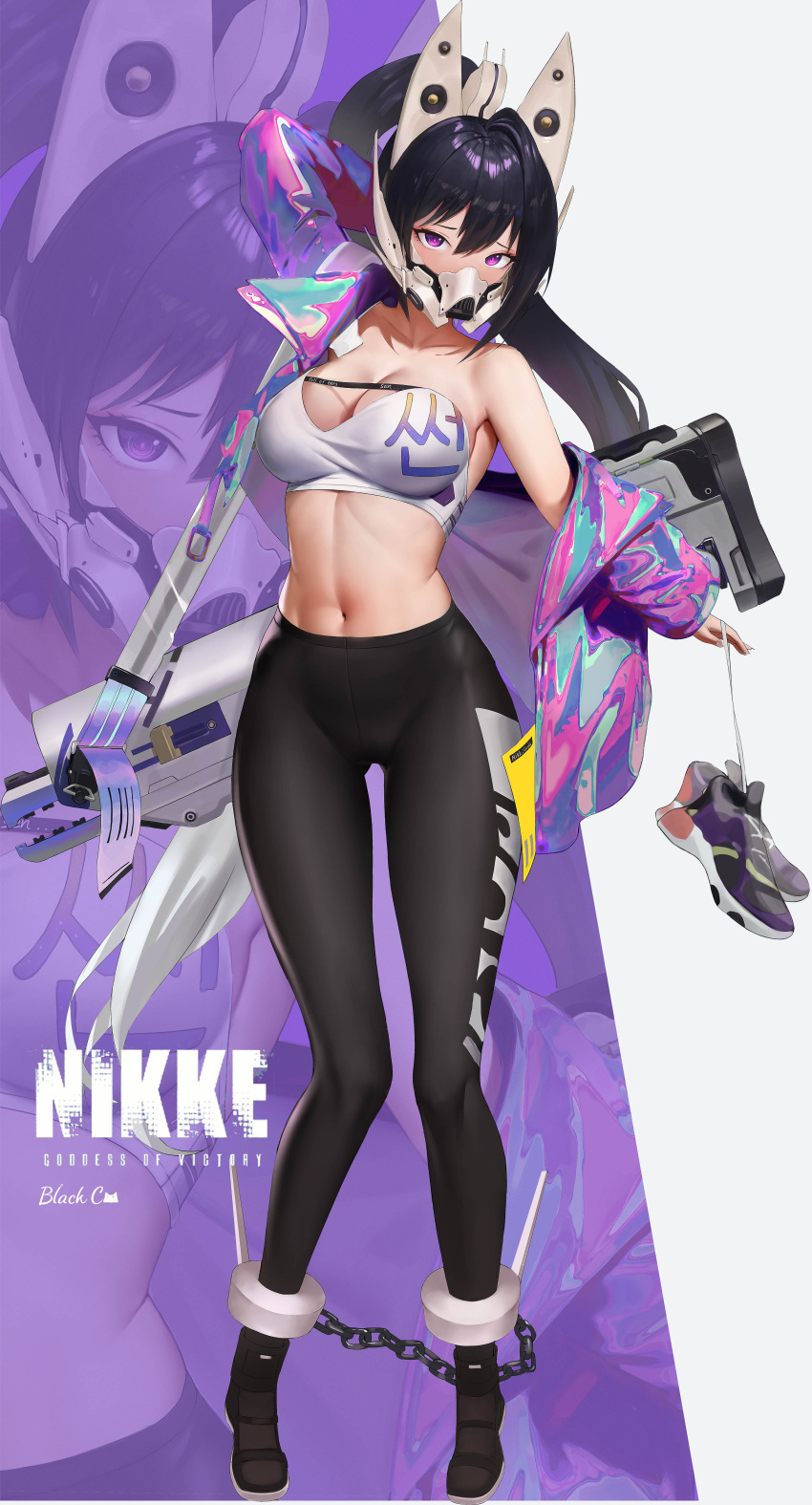 1girl absurdres black_c breasts cleavage collarbone commentary full_body goddess_of_victory:_nikke hair_between_eyes highres large_breasts looking_at_viewer midriff navel sidelocks sin_(nikke) single_bare_shoulder solo standing zoom_layer