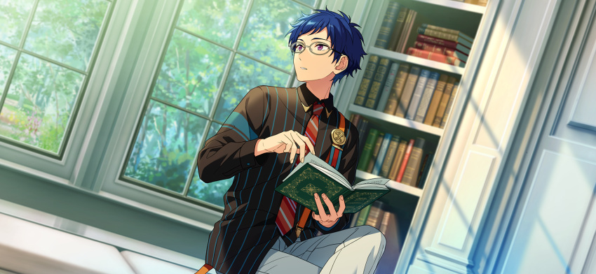 1boy bespectacled blue_hair book bookshelf collared_shirt crossed_legs dark_blue_hair diagonal-striped_necktie ensemble_stars! fingernails fushimi_yuzuru glasses happy_elements indoors keito_lecture_(ensemble_stars!) long_sleeves looking_to_the_side male_focus medallion mole mole_under_eye official_art open_book pants parted_lips purple_eyes shirt short_bangs short_hair sitting solo suspenders third-party_source tree white_pants window