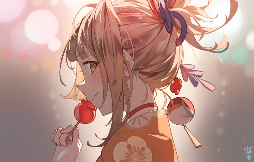 1girl absurdres blurry blush bokeh brown_eyes brown_hair candy candy_apple closed_mouth cqc_no_hashi_neko depth_of_field floral_print food from_side genshin_impact hair_bun hair_ribbon hand_up highres holding holding_candy holding_food japanese_clothes kimono long_bangs long_hair looking_at_viewer orange_kimono portrait print_kimono profile purple_ribbon ribbon sidelocks signature solo tongue tongue_out yoimiya_(genshin_impact)