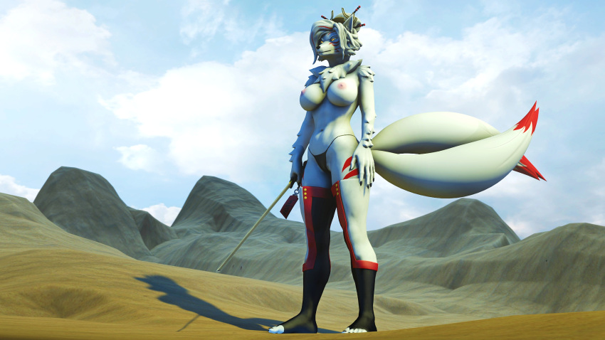 16:9 2023 2_tails 3d_(artwork) anthro big_breasts breasts canid canine chest_tuft claws clothed clothing desert detailed_background digital_media_(artwork) eyelashes feet female fingers fluffy fluffy_tail fox fur hair hi_res legwear long_tail mammal melee_weapon multi_tail navel noriko_(petruz) outside panties petruz_(copyright) solo source_filmmaker sword tail thigh_highs toes topless topless_anthro topless_female tuft underwear viper-desires weapon white_body white_fur white_hair widescreen yellow_eyes