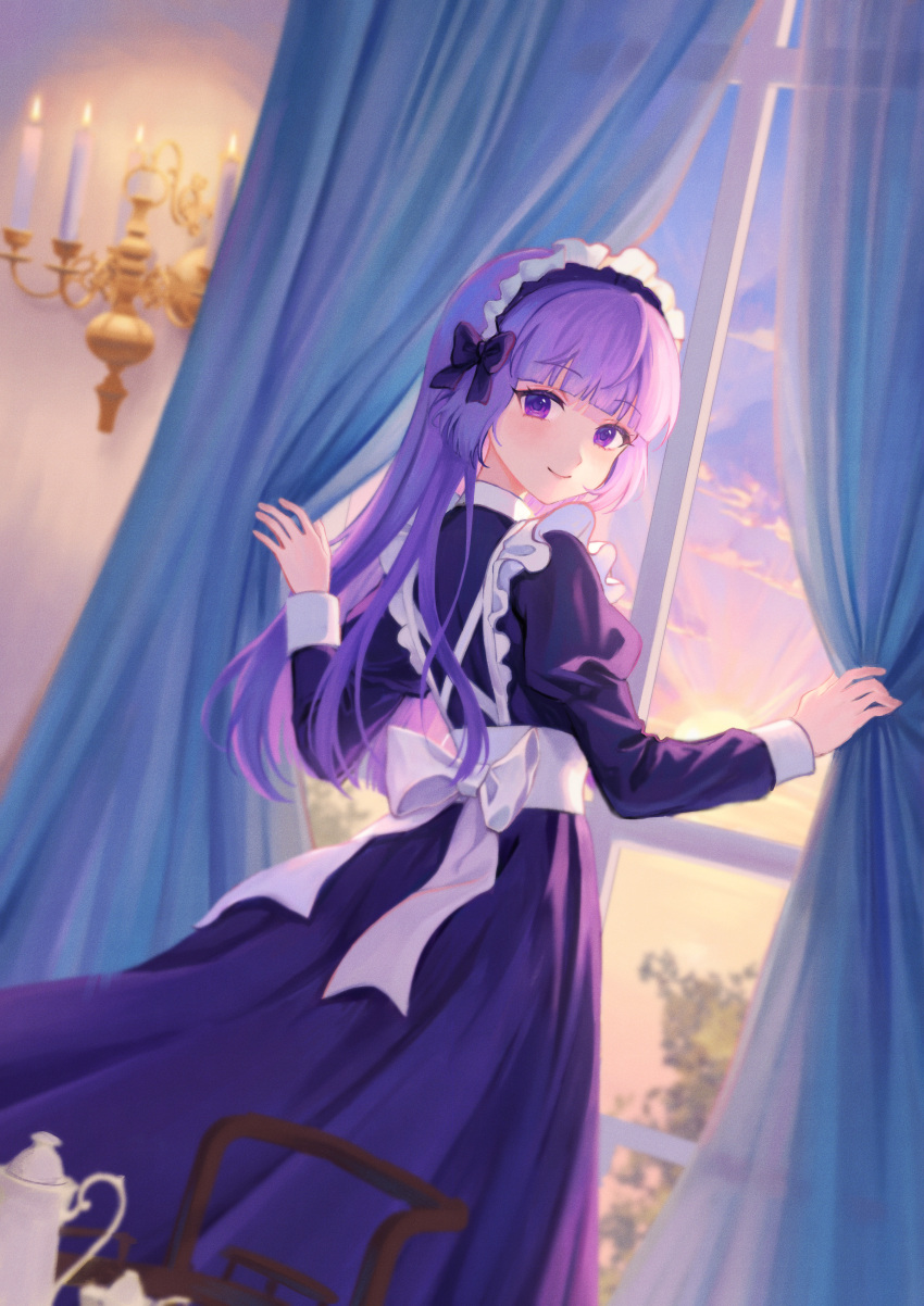 1girl absurdres aikatsu!_(series) aikatsu_stars! blunt_bangs bow closed_mouth curtain_grab curtains dress hair_bow highres hikami_sumire indoors long_dress long_hair long_sleeves looking_at_viewer maid maid_headdress momo-chan_(addiesweets) purple_bow purple_dress purple_eyes purple_hair smile solo standing sunrise white_bow